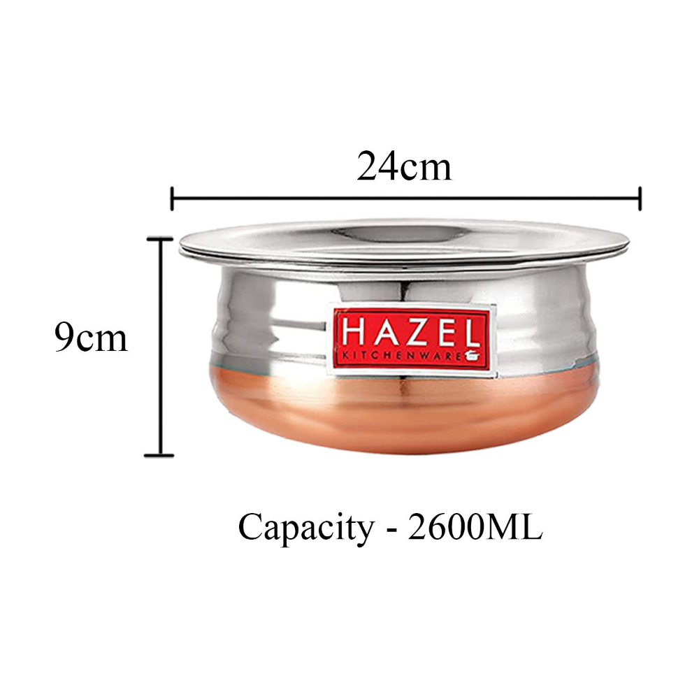 HAZEL Copper Bottom Uruli With Lid | Urli Vessel Cooking Stainless Steel |  Serving Tope Handi | Kitchen Items For Home Cooking, 2600 ML