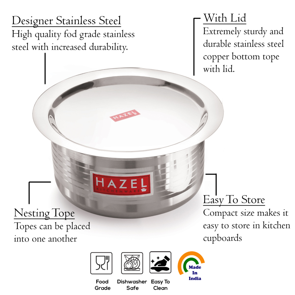 HAZEL Steel Tope with Lid |Designer Utensils Set for Kitchen with Round Bottom | Boiling Vessels, Multipurpose Steel Bhagona, Capacity 1900 ml