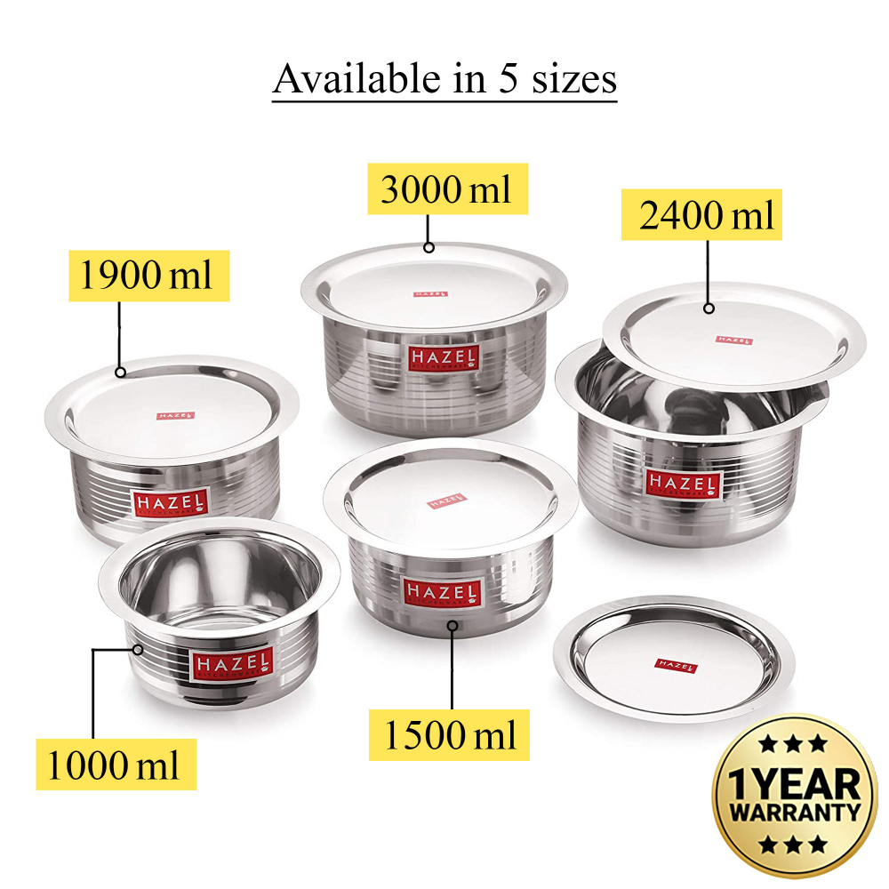 HAZEL Steel Tope with Lid |Designer Utensils Set for Kitchen with Round Bottom | Boiling Vessels, Multipurpose Steel Bhagona, Capacity 1900 ml