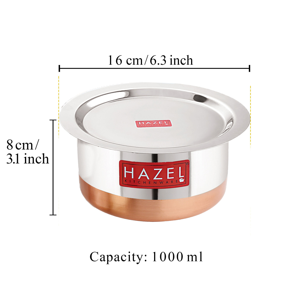 HAZEL Steel Copper Bottom Tope with Lid | Copper Bottom Vessels For Cooking |Copper Bottom Cooking Utensils | Stainless Steel Tope Patila, Capacity 1000 ml