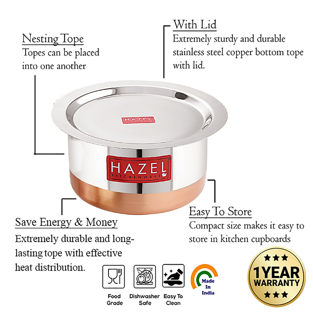 HAZEL Steel Copper Bottom Tope with Lid | Copper Bottom Vessels For Cooking |Copper Bottom Cooking Utensils | Stainless Steel Tope Patila, Capacity 1500 ml