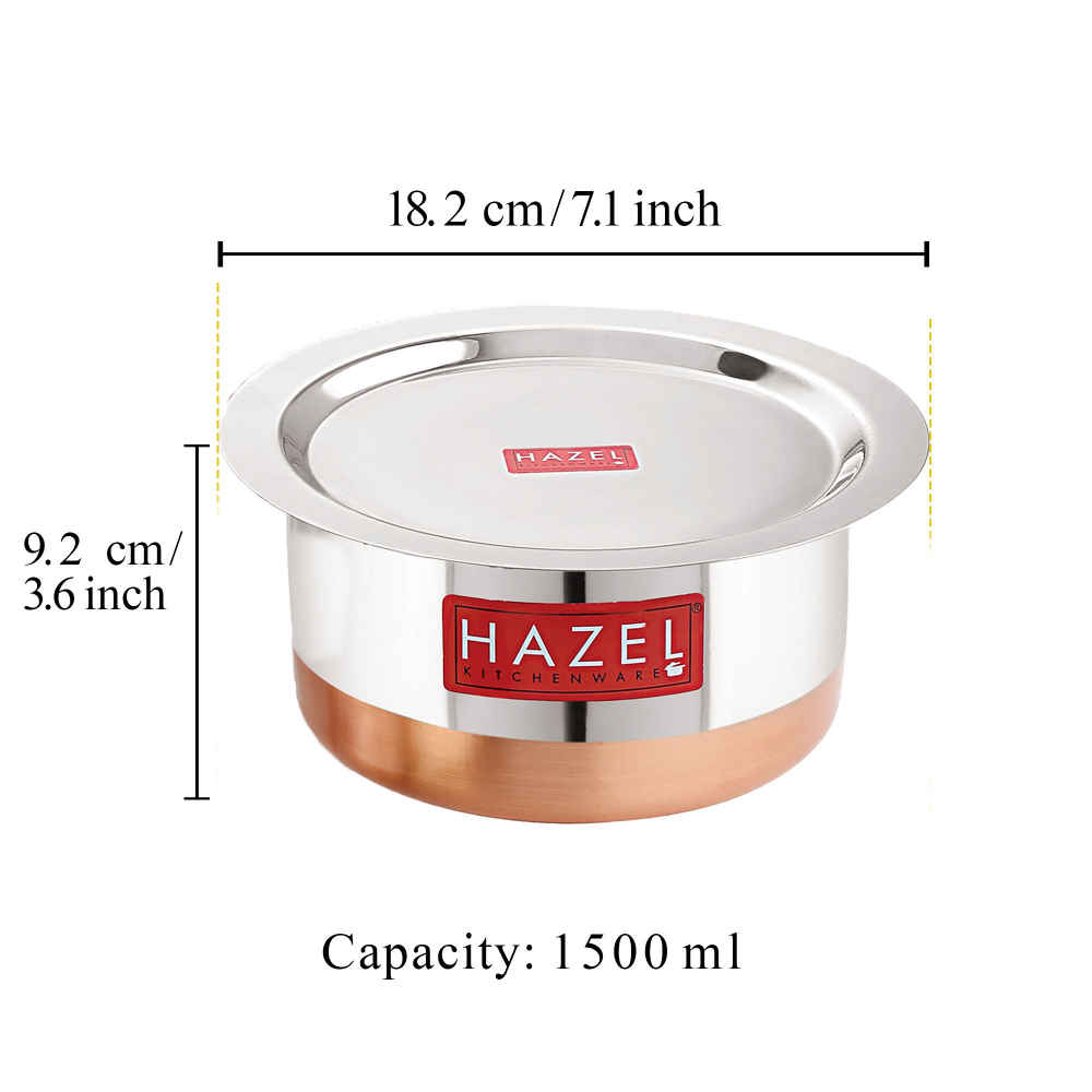 HAZEL Steel Copper Bottom Tope with Lid | Copper Bottom Vessels For Cooking |Copper Bottom Cooking Utensils | Stainless Steel Tope Patila, Capacity 1500 ml