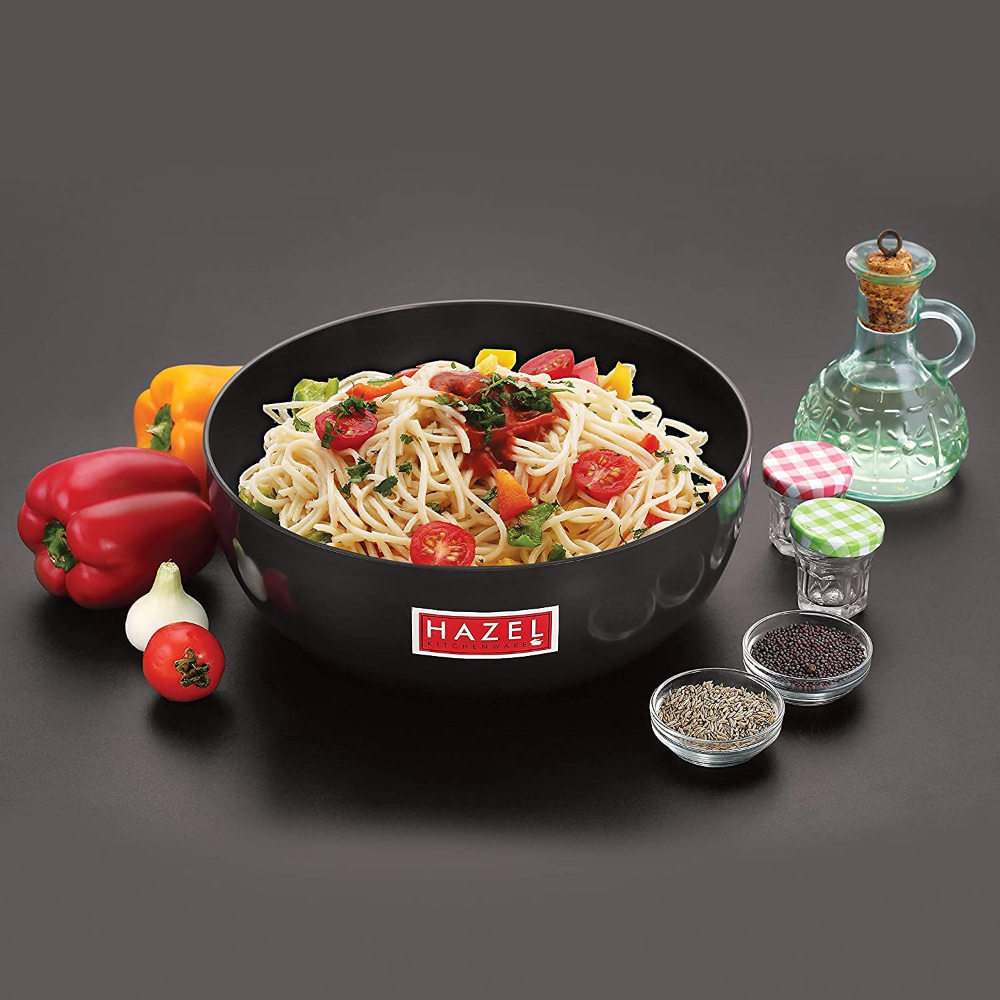 HAZEL Hard Anodised Kadai with Lid | Hard Anodized Tasra Cookware with Lid | Aluminium Kadai Without Handle | Tasra with Lid Combo, 1800 ML