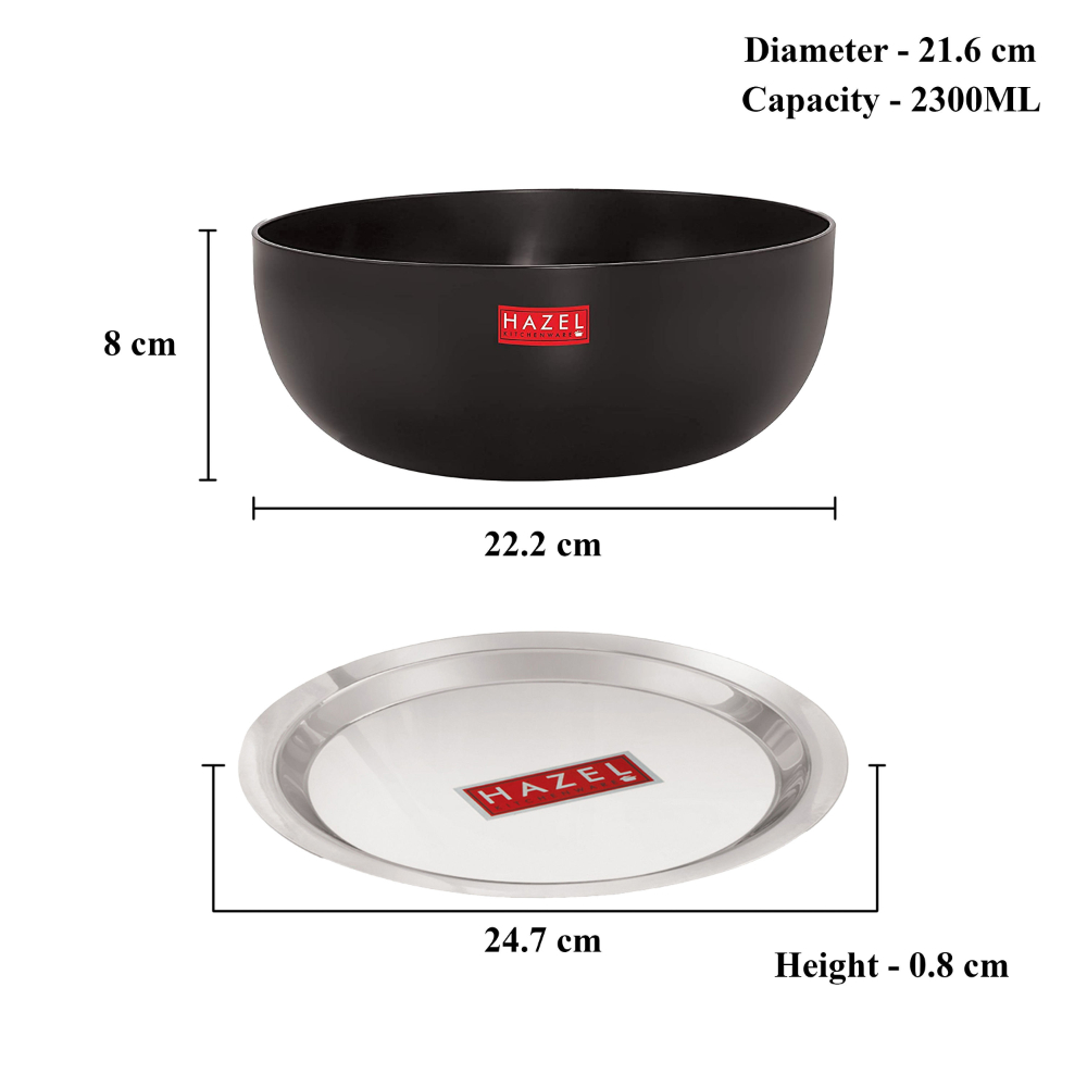 HAZEL Hard Anodised Kadai with Lid | Hard Anodized Tasra Cookware with Lid | Aluminium Kadai Without Handle | Tasra with Lid Combo, 2300 ML