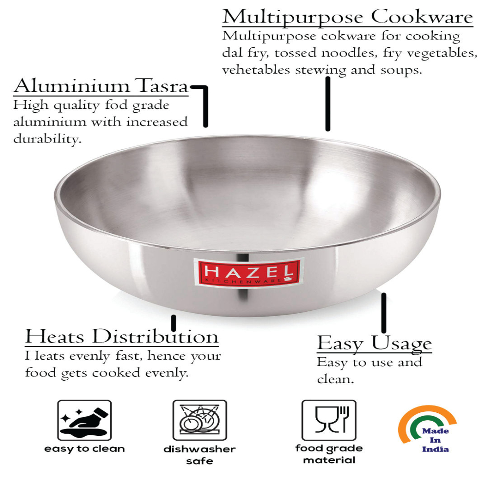 HAZEL Aluminium Kadai Without Handle | Kadhai Aluminium with Cover | Aluminium Tasra with Lid  | Aluminium Cookware with Lid Combo, 700 ml