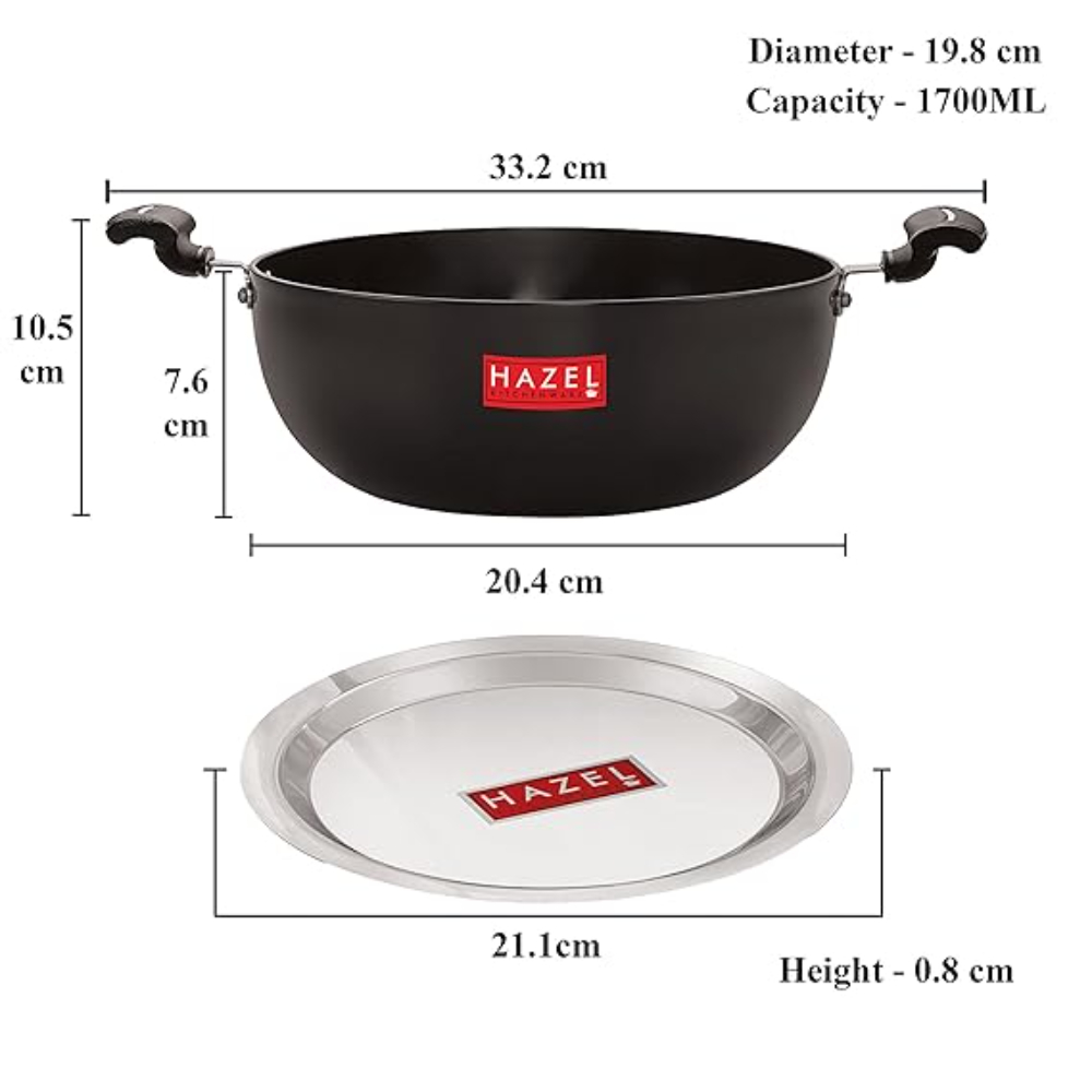 HAZEL Hard Anodised Kadai Induction | Induction Cookware Kadhai with Lid | Aluminium Kadai with Handle | Kadhai with Lid Combo, 1700 ML