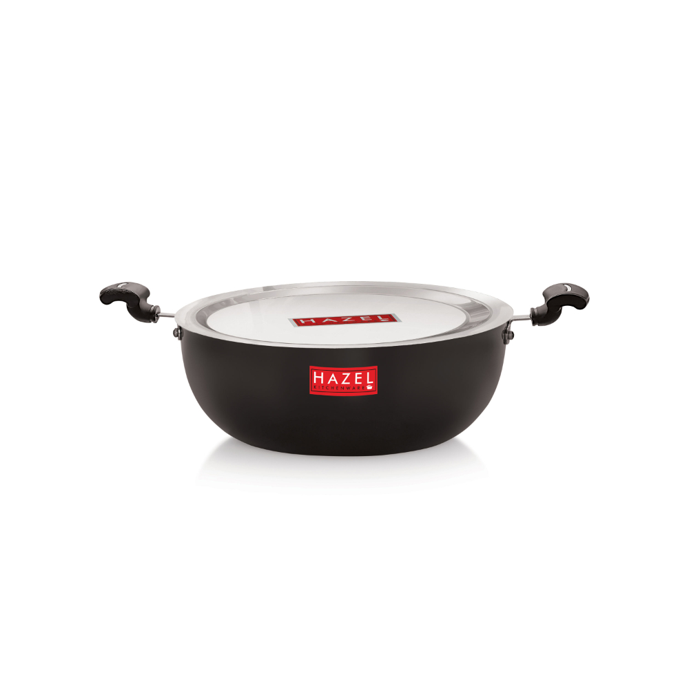 HAZEL Hard Anodised Kadai with Lid | Hard Anodized Kadhai Cookware with Lid | Aluminium Kadai With Handle | Kadhai with Lid Combo, 900 ML