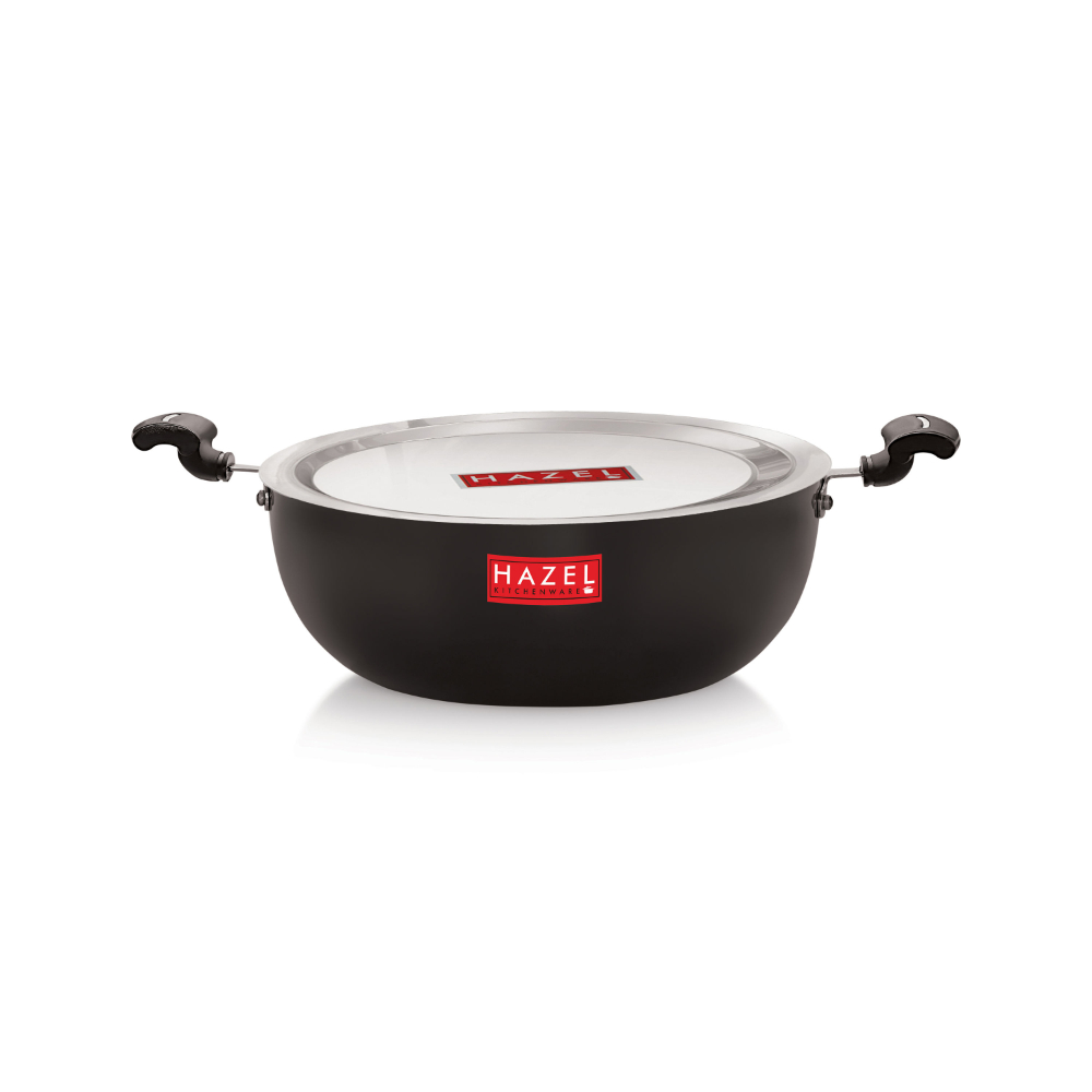 HAZEL Hard Anodised Kadai with Lid | Hard Anodized Kadhai Cookware with Lid | Aluminium Kadai With Handle | Kadhai with Lid Combo, 1300 ML