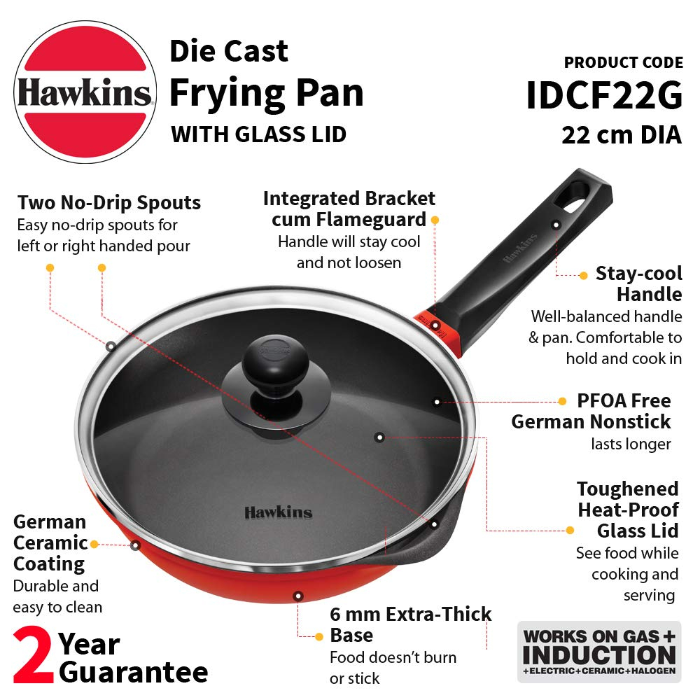 Hawkins Nonstick Induction Compatible Die Cast Frying Pan With Glass Lid, 22 cm