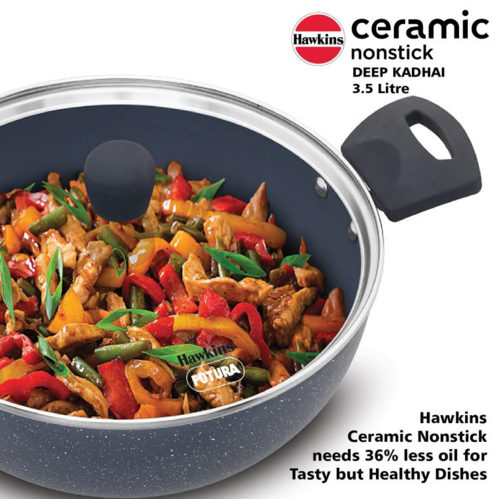 Hawkins Ceramic Nonstick 3.5 Litre Deep Kadhai, Induction Deep Fry Pan with Glass Lid, Granite Kadai