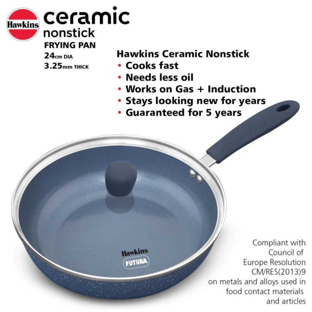 Hawkins Ceramic Nonstick Frying Pan, 24 cm Diameter, Induction Fry Pan with Glass Lid, Granite Omlette Egg Pan, Fish Pan