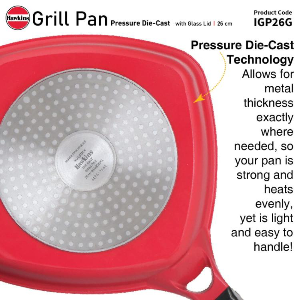 Hawkins 26 cm Grill Pan, Non Stick Die Cast Grilling Pan with Glass Lid, Square Grill Pan for Gas Stove, Ceramic Coated Pan, Roast Pan, Red