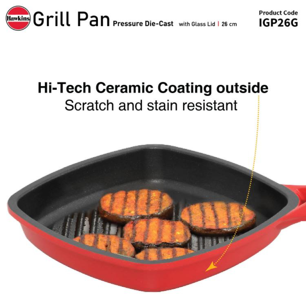 Hawkins 26 cm Grill Pan, Non Stick Die Cast Grilling Pan with Glass Lid, Square Grill Pan for Gas Stove, Ceramic Coated Pan, Roast Pan, Red