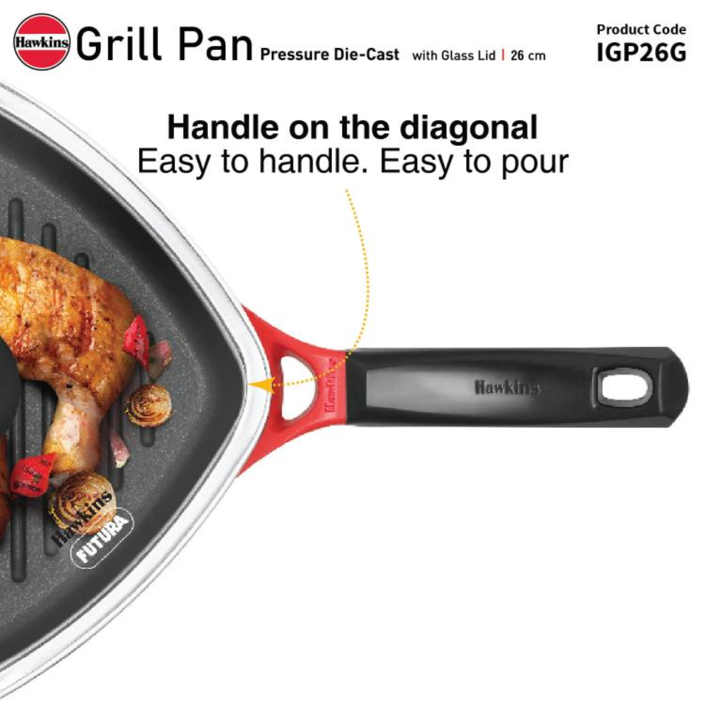 Hawkins 26 cm Grill Pan, Non Stick Die Cast Grilling Pan with Glass Lid, Square Grill Pan for Gas Stove, Ceramic Coated Pan, Roast Pan, Red