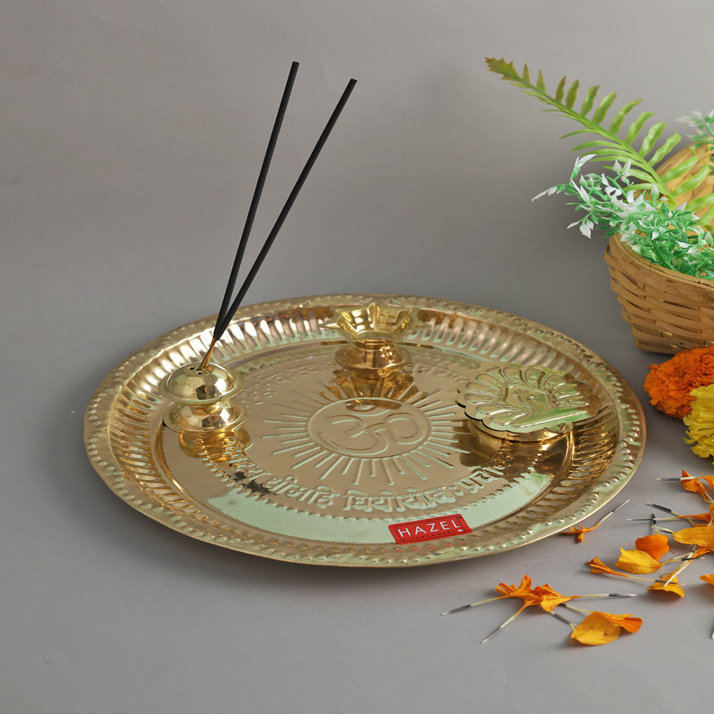 HAZEL Aarti Thali Brass Pooja Puja Worship, Golden