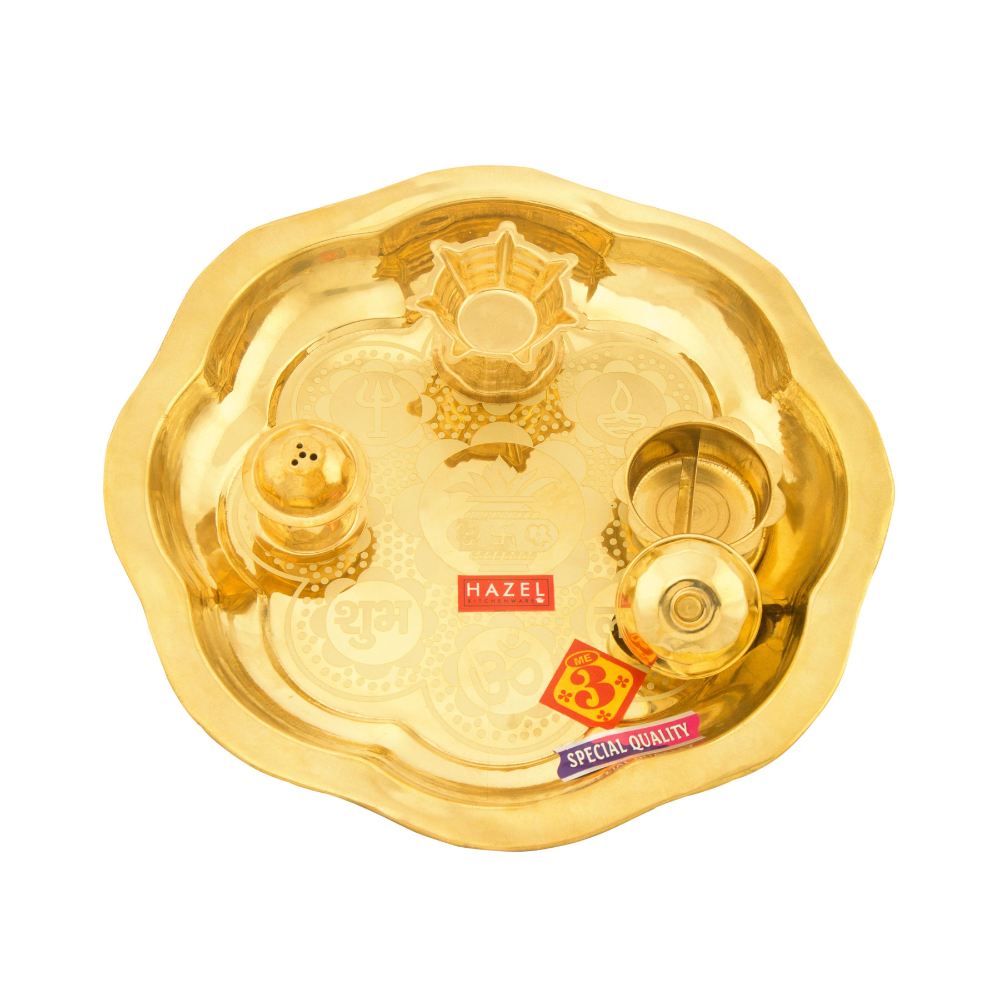 HAZEL Brass Flower Shape Designer Puja Thali with Diya and Sindur Wati, 23.5 cm