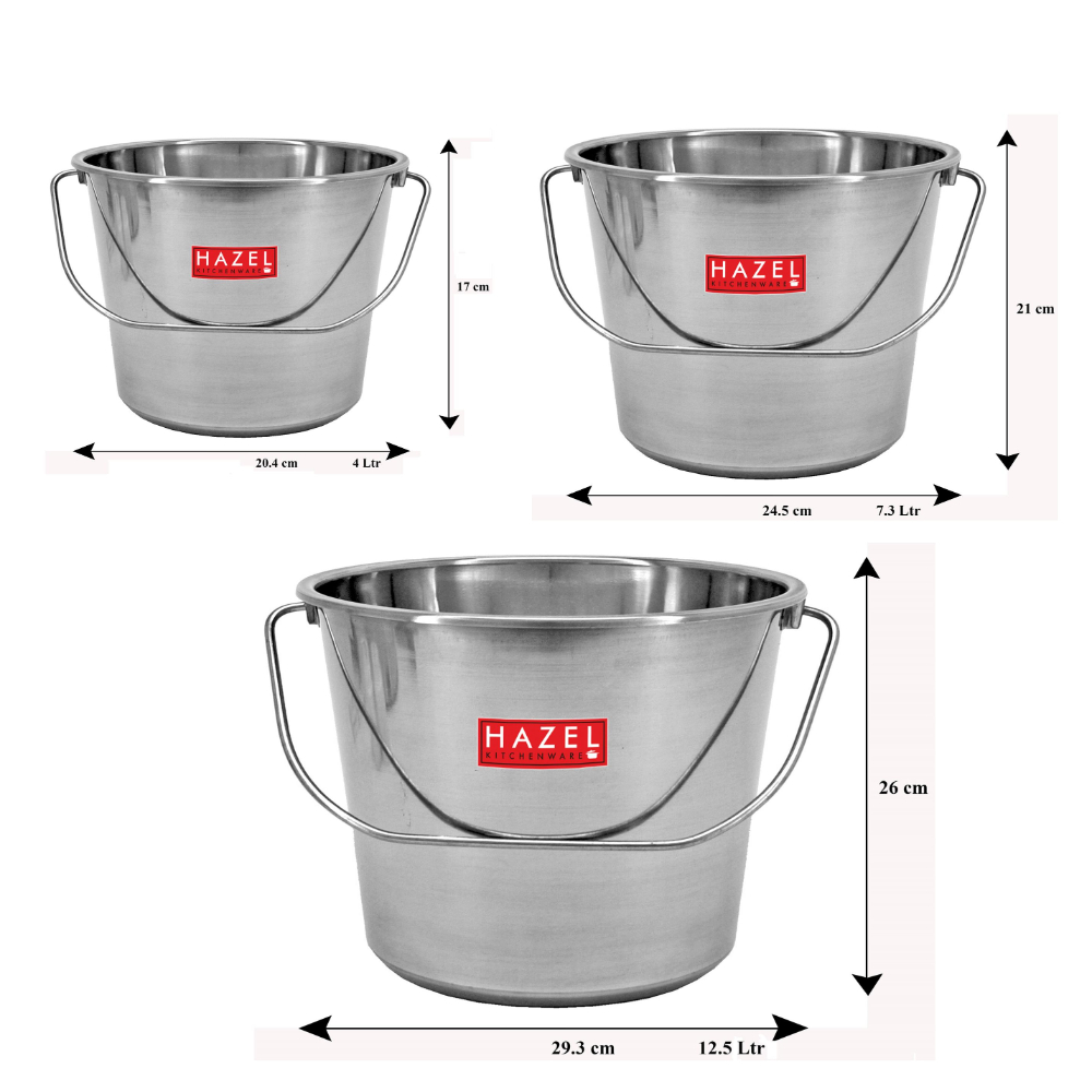 HAZEL Stainless Steel Non Joint Leak Proof Water Storage Bucket Set Of 3, 4 Ltr to 12.5 Ltr, Silver