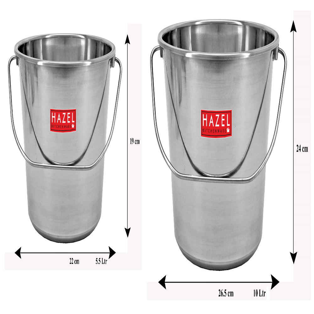 HAZEL Stainless Steel Non Joint Leak Proof Water Storage Bucket Set of 2, 5.5 Ltr and 10 Ltr, Silver