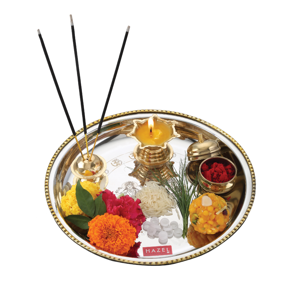 HAZEL Stainless Steel Puja Pooja Aarti Thali Set With Diva 22 cm, Silver