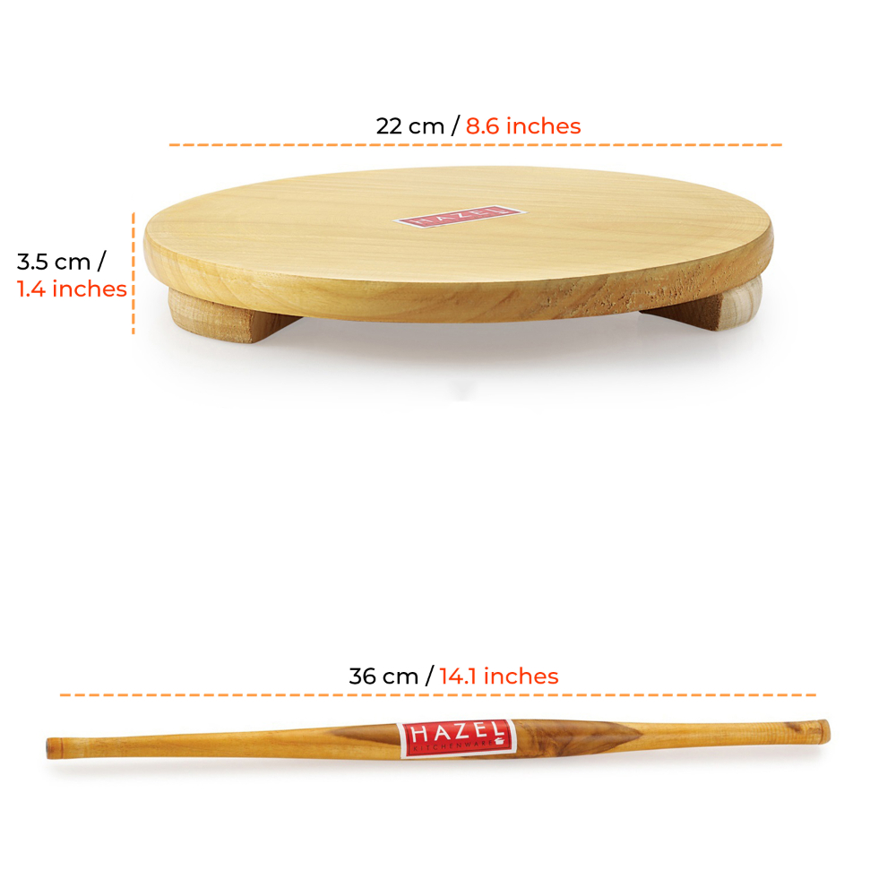 HAZEL Wood Polpat Chakla Roti Chapati Maker 21 cm With Wood Roti Roller Belan Rolling Pin 36 cm