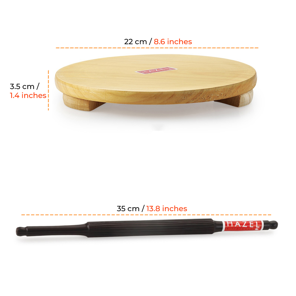 HAZEL Wood Polpat Chakla Roti Chapati Maker 21 cm With Sheesham Roti Roller Belan Rolling Pin 35 cm