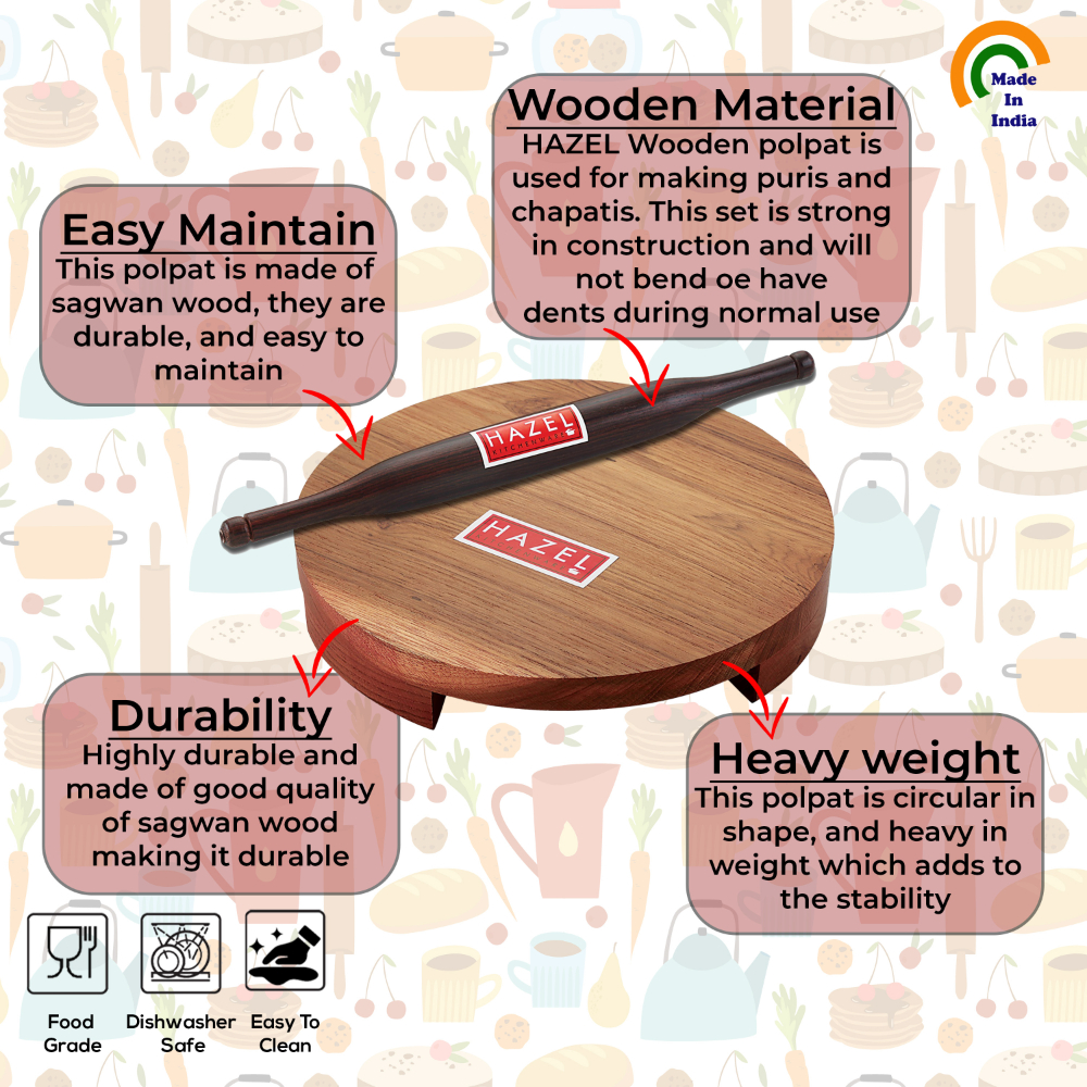 HAZEL Sagwan Polpat Chakla Roti Chapati Maker 23 cm With Sheesham Roti Roller Belan Rolling Pin 34 cm