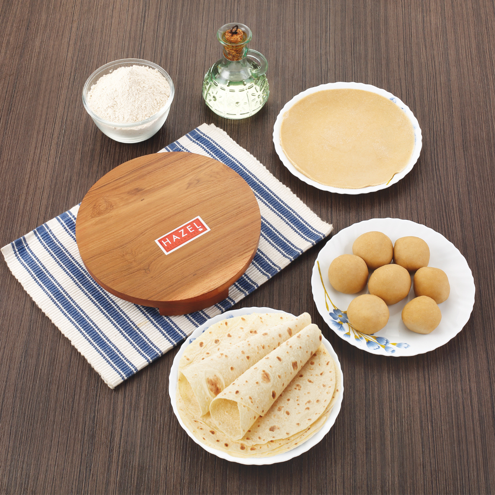 HAZEL Sagwan Polpat Chakla Roti Chapati Maker 23 cm With Sheesham Roti Roller Belan Rolling Pin 35 cm