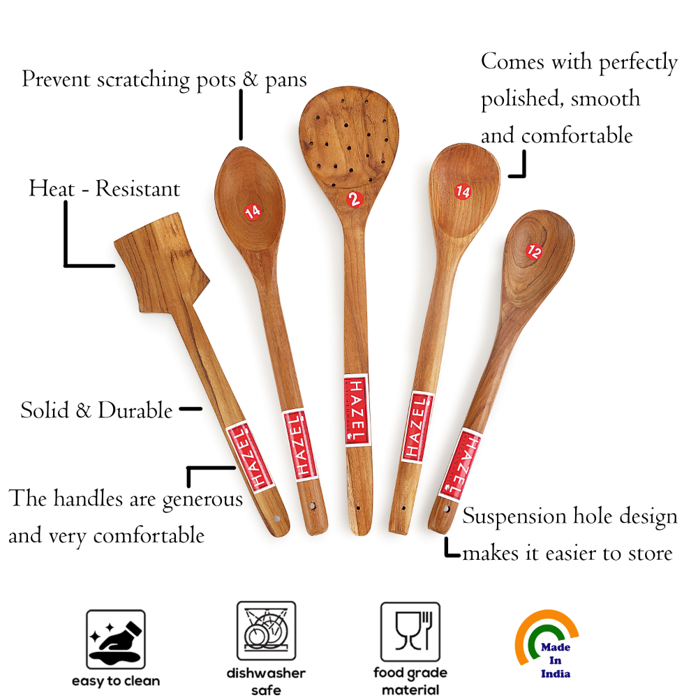 HAZEL Wooden Kitchen Tools Spoon Set of 5 (Pan Spatula Small, Oval Spatula Small, Serving Jhara, Taveta, Oval Spatula Large)