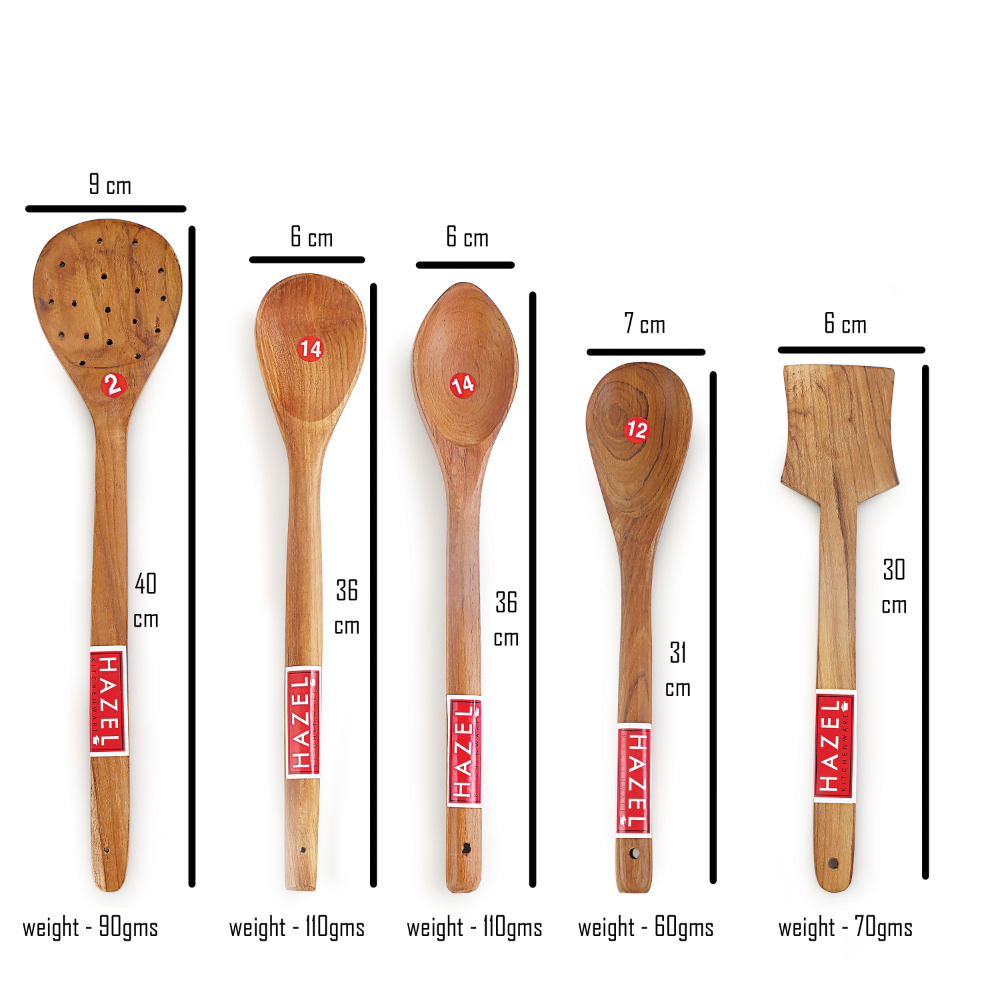 HAZEL Wooden Kitchen Tools Spoon Set of 5 (Pan Spatula Small, Oval Spatula Small, Serving Jhara, Taveta, Oval Spatula Large)