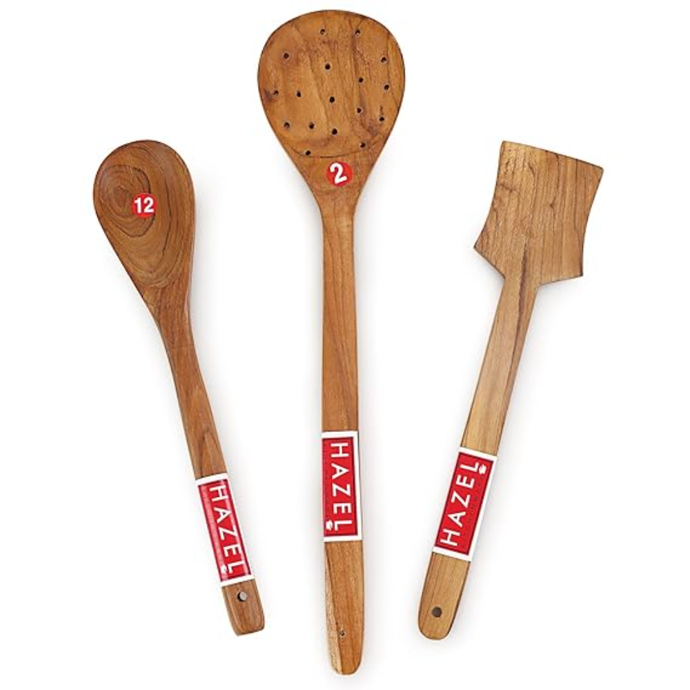 HAZEL Wooden Kitchen Tools Spoon Set of 5 (Pan Spatula Small, Oval Spatula Small, Serving Jhara, Taveta, Oval Spatula Large)