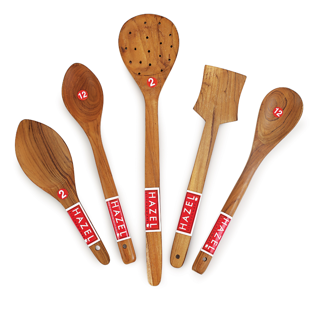 HAZEL Wooden Kitchen Tools Spoon Set of 5 (Serving Jhara, Rice Spoon, Taveta, Oval Spatula Small, Pan Spatula Small)