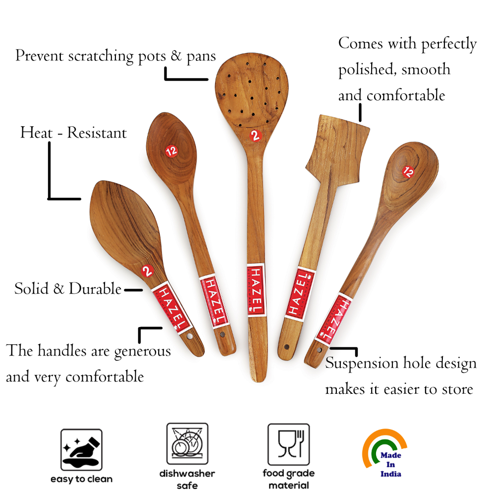 HAZEL Wooden Kitchen Tools Spoon Set of 5 (Serving Jhara, Rice Spoon, Taveta, Oval Spatula Small, Pan Spatula Small)