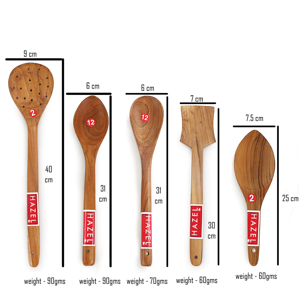 HAZEL Wooden Kitchen Tools Spoon Set of 5 (Serving Jhara, Rice Spoon, Taveta, Oval Spatula Small, Pan Spatula Small)