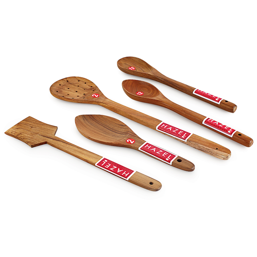 HAZEL Wooden Kitchen Tools Spoon Set of 5 (Serving Jhara, Rice Spoon, Taveta, Oval Spatula Small, Pan Spatula Small)