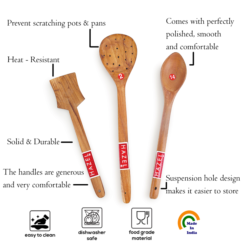 HAZEL Wooden Kitchen Tools Spoon Set of 3 (Serving Jhara, Taveta, Pan Spatula Small)