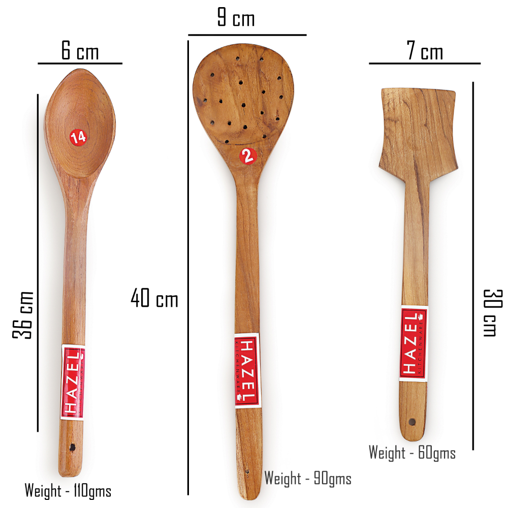 HAZEL Wooden Kitchen Tools Spoon Set of 3 (Serving Jhara, Taveta, Pan Spatula Small)