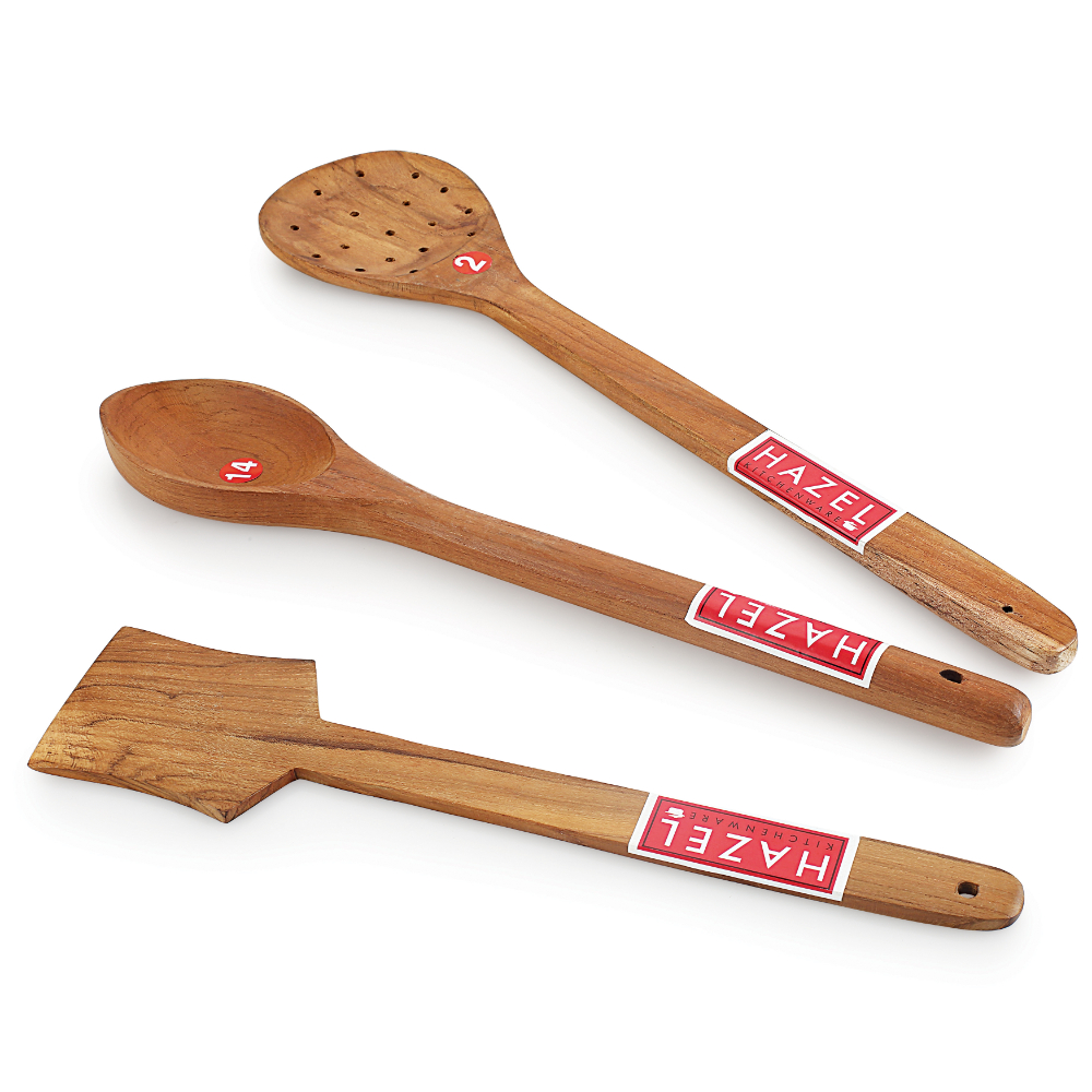 HAZEL Wooden Kitchen Tools Spoon Set of 3 (Serving Jhara, Taveta, Pan Spatula Small)