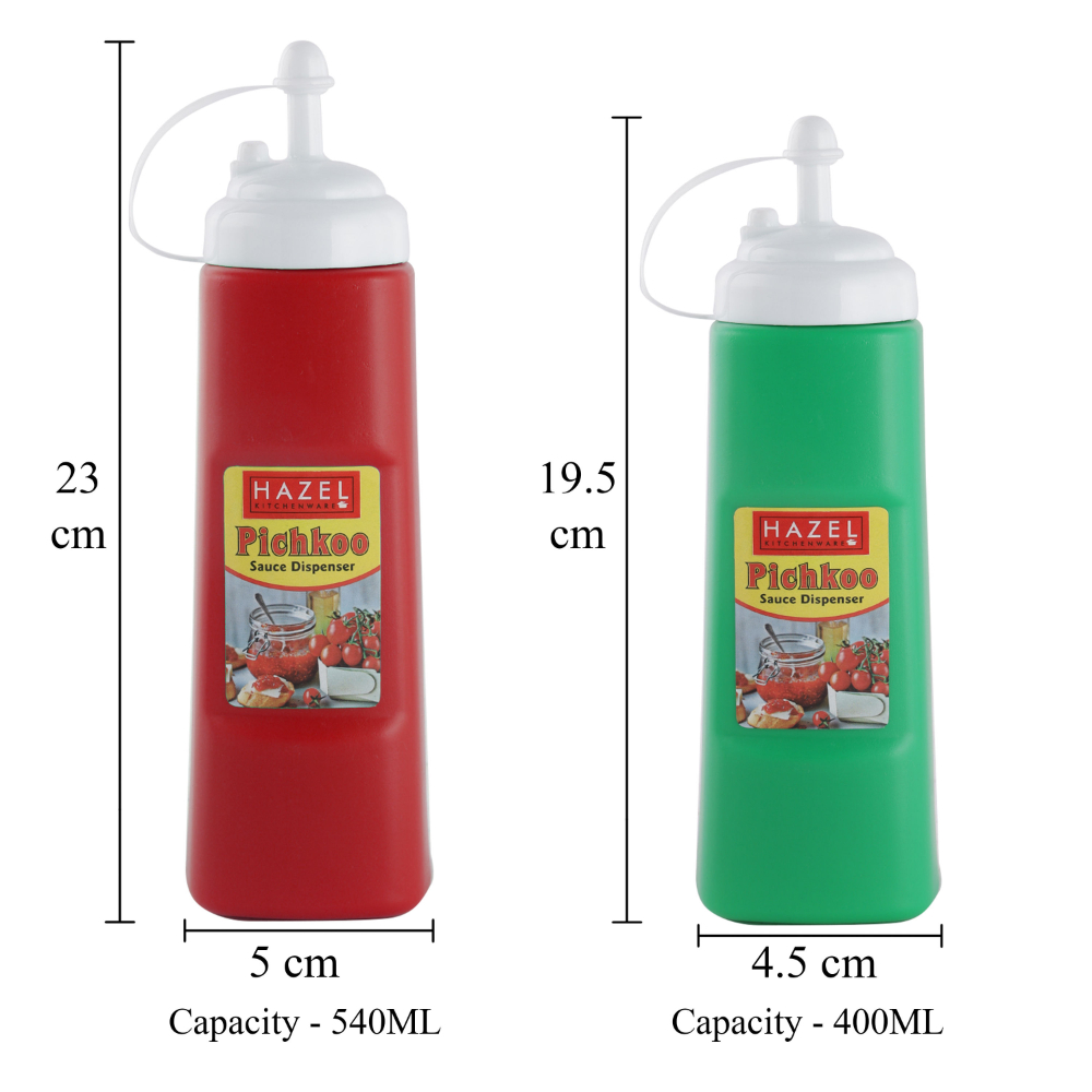 HAZEL Sauce Bottle With Cap | Squeeze Chutney Bottle Plastic Food Grade | Tomato Ketchup Sauce Bottle For Restaurants, Cafeterias, Food Trucks, Picnics, Set of 2 (430 ML Green, 560 ML Red)