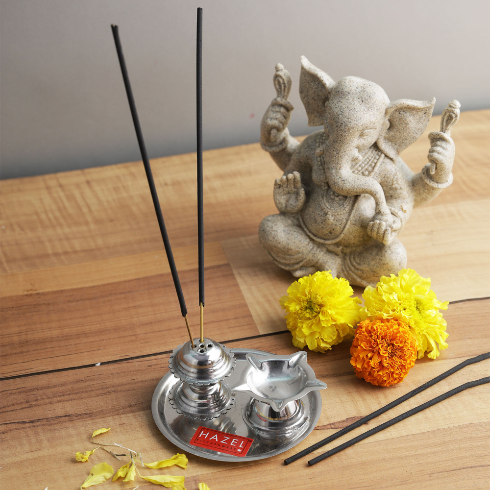 HAZEL Diya with Agarbatti Stand | Stainless Steel Panchvati Diya and Agardan For Puja | Diva with Udbatti Ghar | Oil Lamp with Incense Stick Holder (9 x 4 cm)