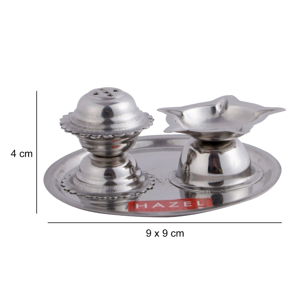 HAZEL Diya with Agarbatti Stand | Stainless Steel Panchvati Diya and Agardan For Puja | Diva with Udbatti Ghar | Oil Lamp with Incense Stick Holder (9 x 4 cm)