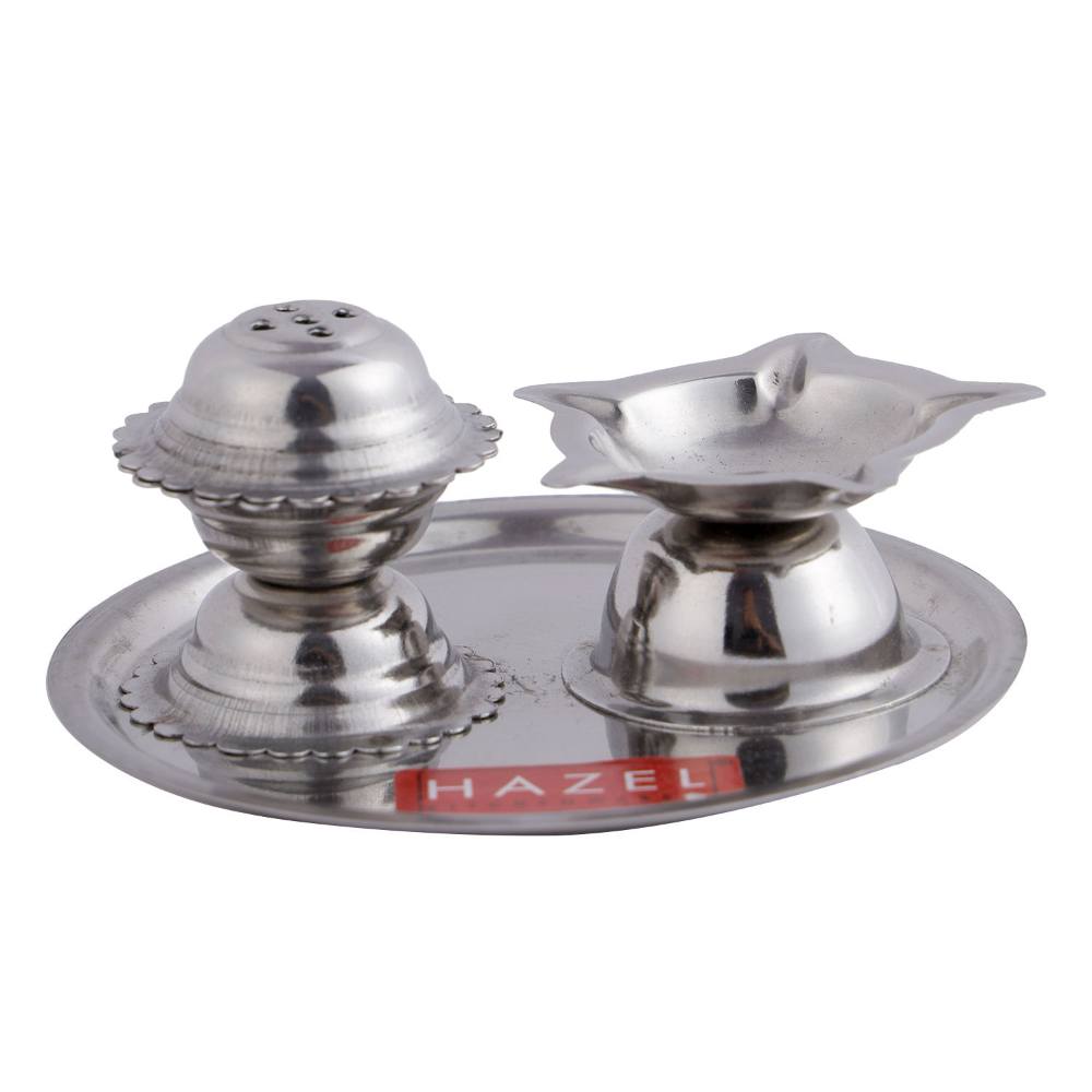 HAZEL Diya with Agarbatti Stand | Stainless Steel Panchvati Diya and Agardan For Puja | Diva with Udbatti Ghar | Oil Lamp with Incense Stick Holder (9 x 4 cm)