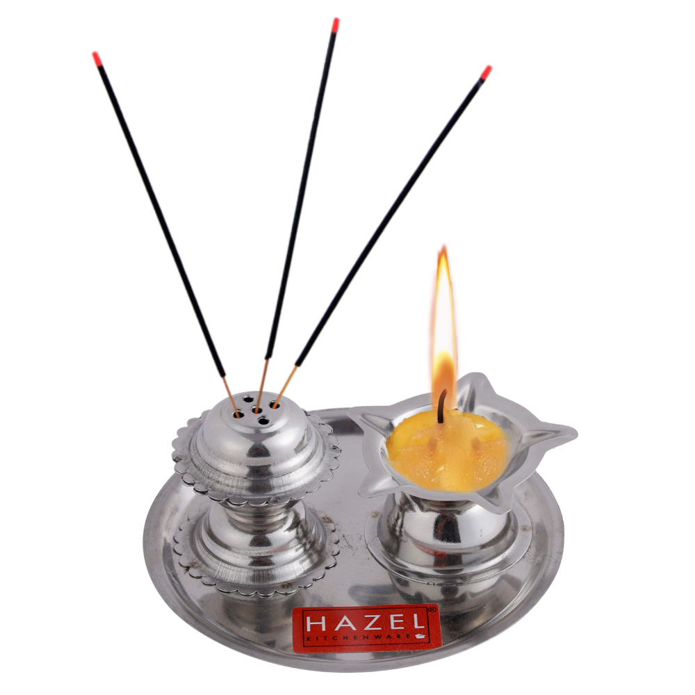 HAZEL Diya with Agarbatti Stand | Stainless Steel Panchvati Diya and Agardan For Puja | Diva with Udbatti Ghar | Oil Lamp with Incense Stick Holder (9 x 4 cm)