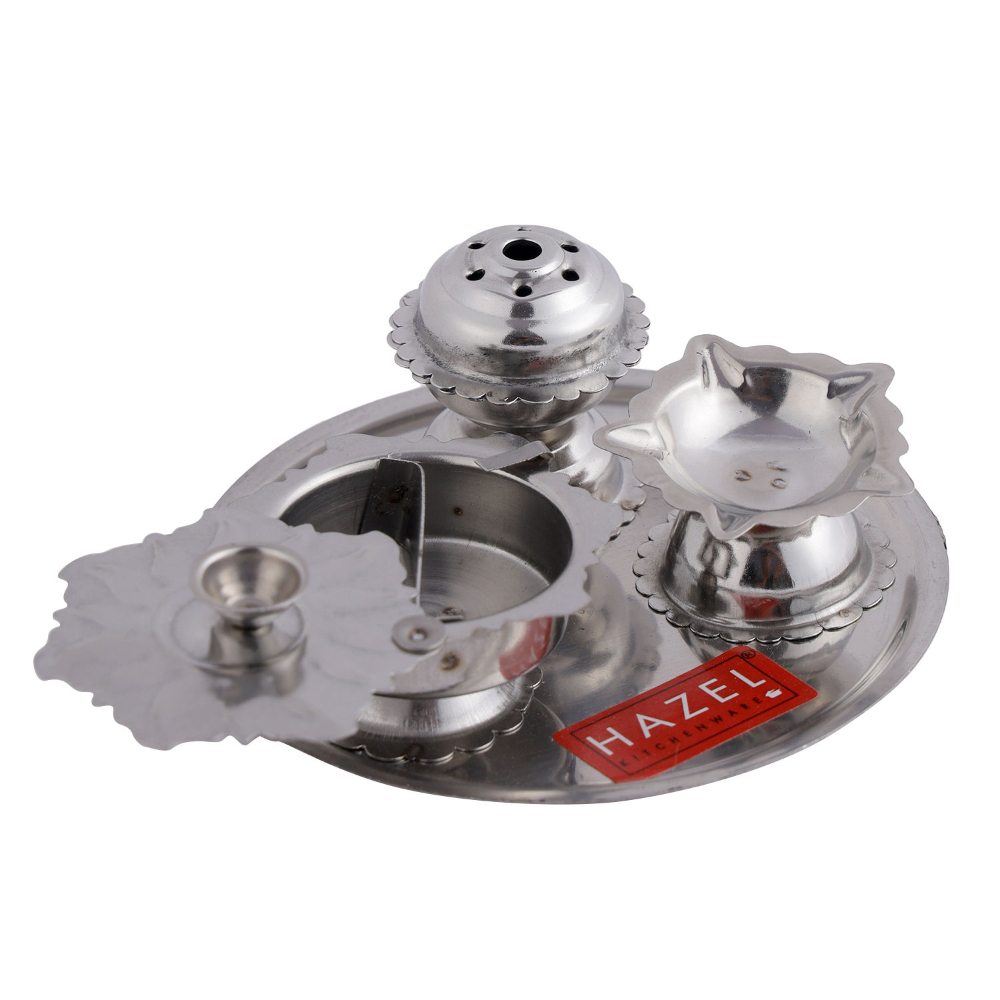 HAZEL Diya with Agarbatti Stand and Karanda| Stainless Steel Panchvati Diya, Agardan and Koiri For Puja | Diva with Udbatti Ghar and Kumkum Box (10 x 4.5 cm)