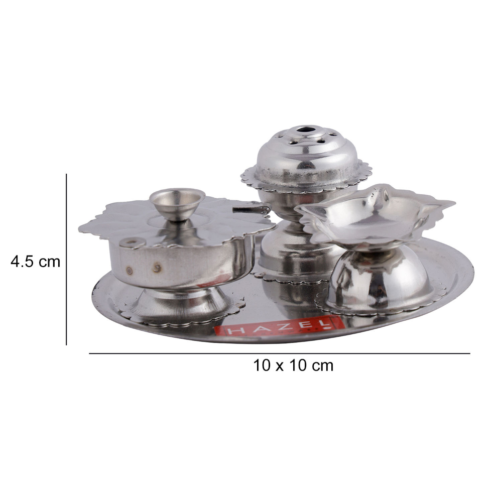 HAZEL Diya with Agarbatti Stand and Karanda| Stainless Steel Panchvati Diya, Agardan and Koiri For Puja | Diva with Udbatti Ghar and Kumkum Box (10 x 4.5 cm)