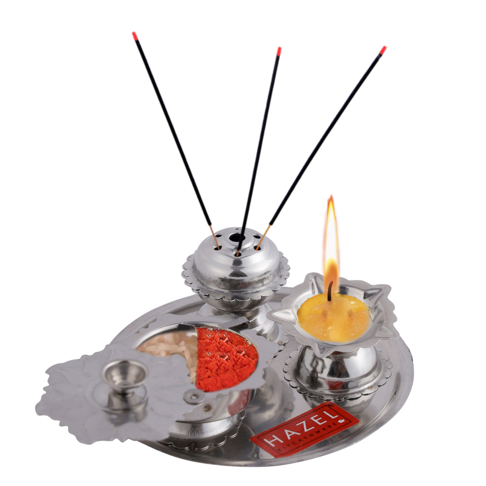 HAZEL Diya with Agarbatti Stand and Karanda| Stainless Steel Panchvati Diya, Agardan and Koiri For Puja | Diva with Udbatti Ghar and Kumkum Box (10 x 4.5 cm)