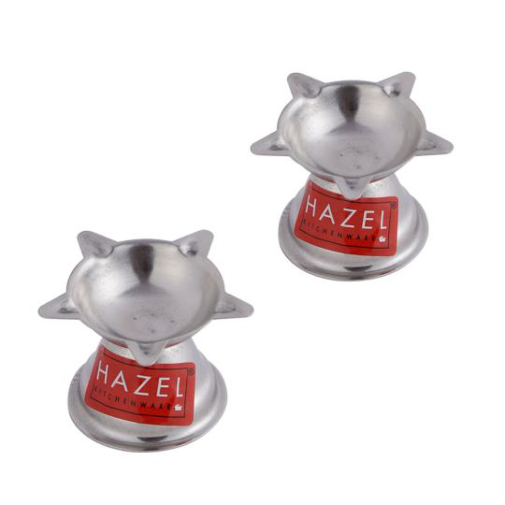 HAZEL Panchwati Diya for Puja | Stainless Steel Diva Table Deepak For Pooja | 5 Wati Wicks Oil Lamp Deep For Home Mandir Office Temple Pandol Pujan (5 x 3.5 cm), Set of 2