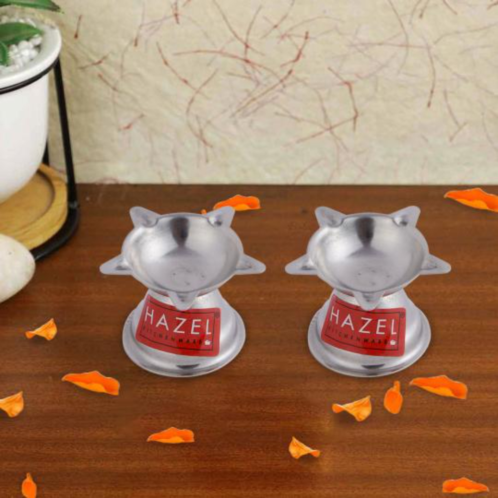 HAZEL Panchwati Diya for Puja | Stainless Steel Diva Table Deepak For Pooja | 5 Wati Wicks Oil Lamp Deep For Home Mandir Office Temple Pandol Pujan (5 x 3.5 cm), Set of 2