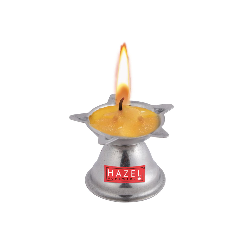 HAZEL Panchwati Diya for Puja | Stainless Steel Diva Table Deepak For Pooja | 5 Wati Wicks Oil Lamp Deep For Home Mandir Office Temple Pandol Pujan (5 x 3.5 cm), Set of 2