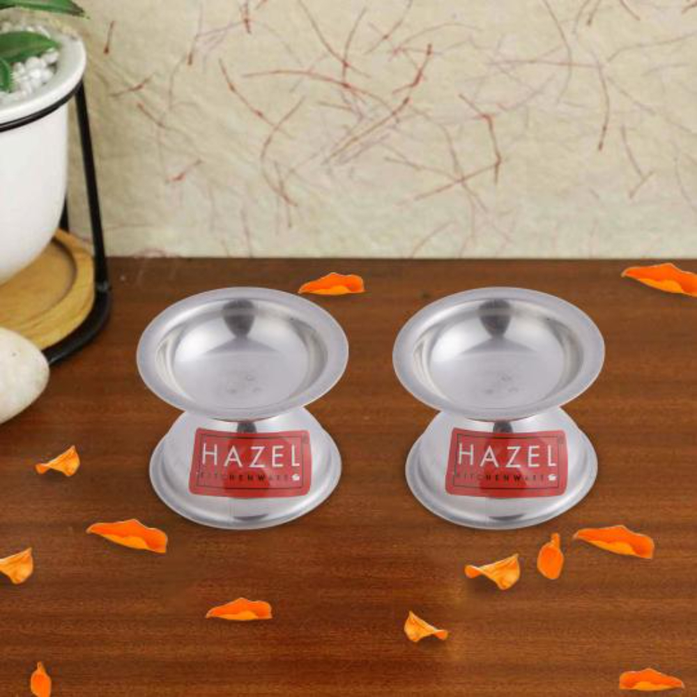 HAZEL Fulwati Diya for Puja | Stainless Steel Fulvat Table Diva Deepak For Pooja | Oil Lamp Deep For Home Mandir Office Temple Pandol Pujan (5 x 3.8 cm), Set of 2