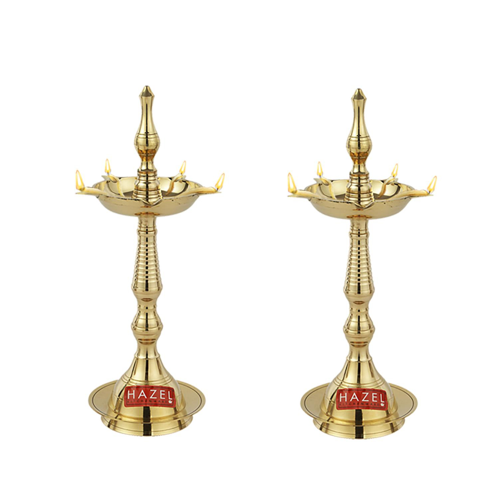 HAZEL Samai Diya for Puja | Brass Lamps for Pooja with Glossy Finish, Golden, Set of 2